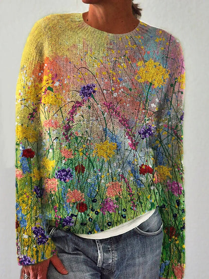 Cozy sweater with oil painting art of flowers