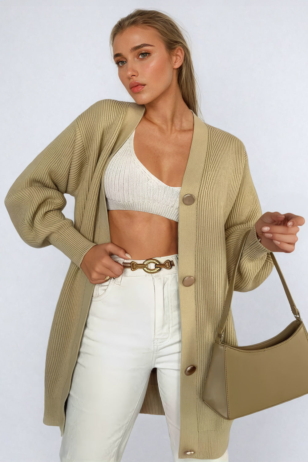 Linea - Oversized ribbed knit cardigan with V-neck