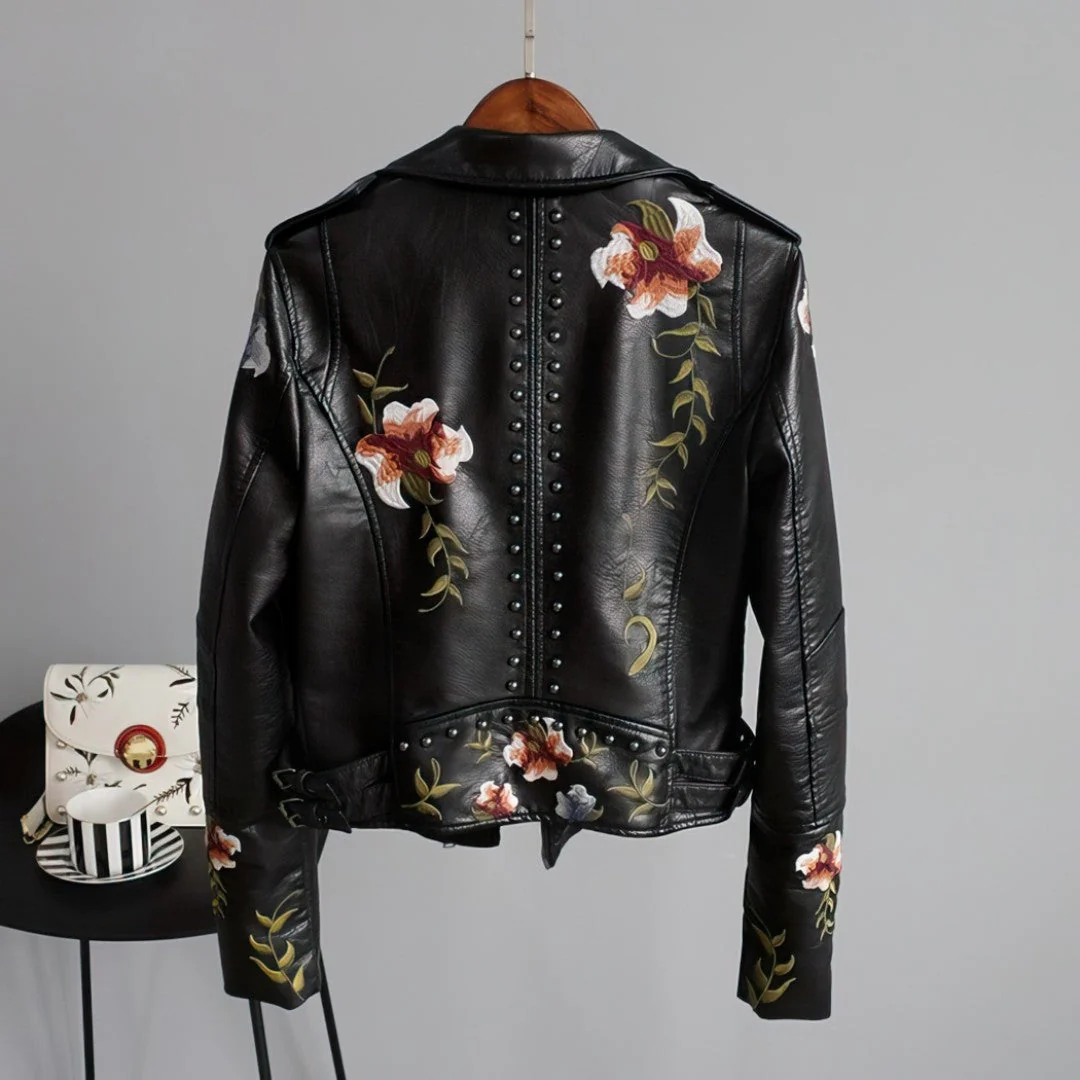 EMILIA-CALOU LEATHER JACKET WITH RETRO FLORAL EMBROIDERY