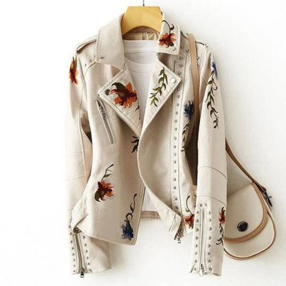 EMILIA-CALOU LEATHER JACKET WITH RETRO FLORAL EMBROIDERY