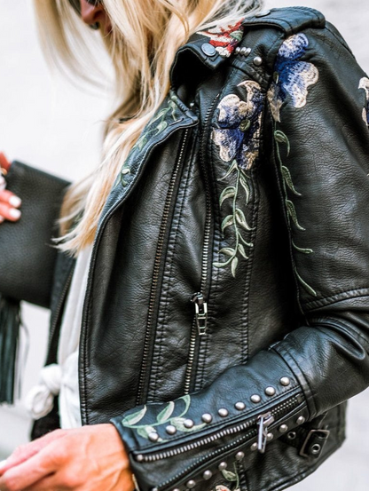 EMILIA-CALOU LEATHER JACKET WITH RETRO FLORAL EMBROIDERY