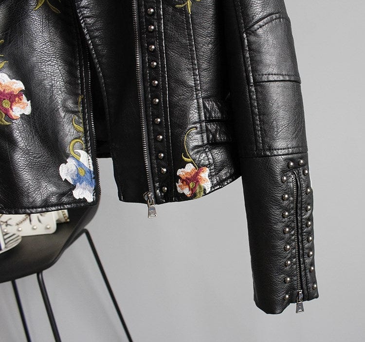 EMILIA-CALOU LEATHER JACKET WITH RETRO FLORAL EMBROIDERY