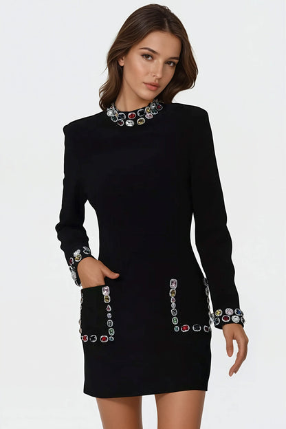 Stella - Mini dress with high collar embellished with jewels - Black