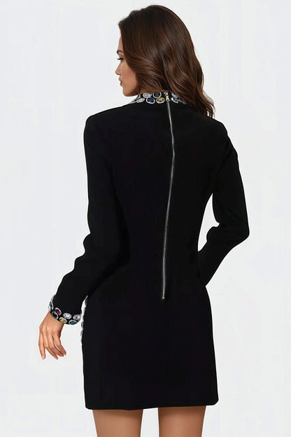 Stella - Mini dress with high collar embellished with jewels - Black