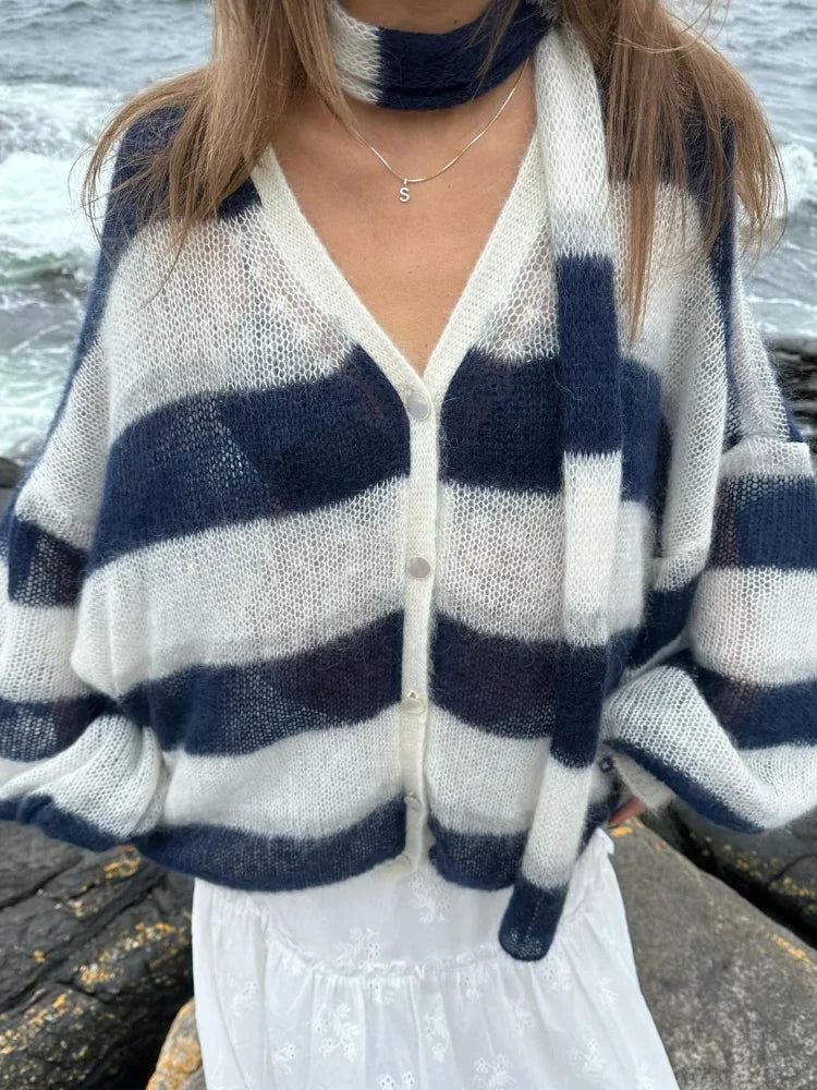 Evie™ - Comfortable Striped Cardigan with Scarf