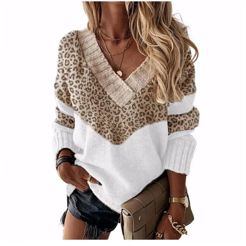 Le Clair™ | V-Neck Leopard Sweater with Color Blocks