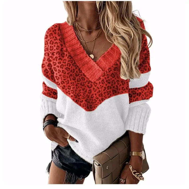 Le Clair™ | V-Neck Leopard Pullover with Color Blocks