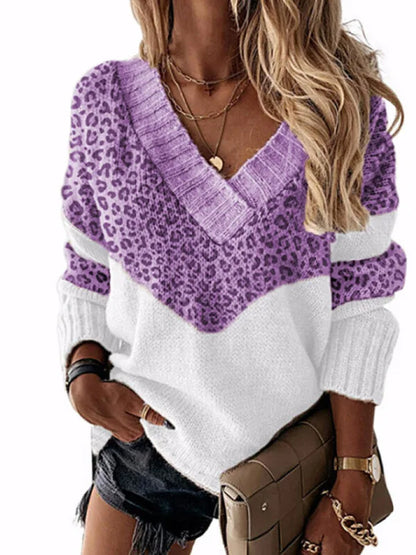 Le Clair™ | V-Neck Leopard Pullover with Color Blocks