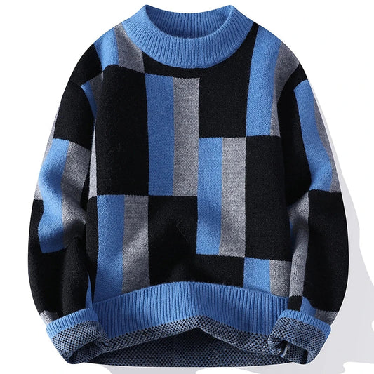 Ador | Men's Mock Neck Sweater with Check Pattern