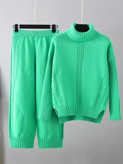 Frieda™ - Stylish set of high-neck sweater and knit sweater with wide leg pants