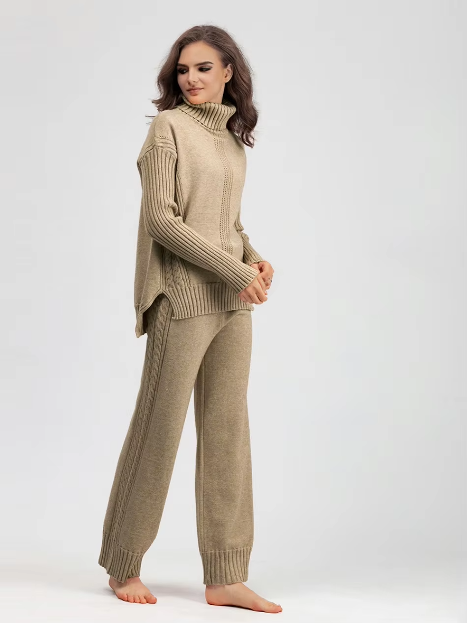 Frieda™ - Stylish set of high-neck sweater and knit sweater with wide leg pants