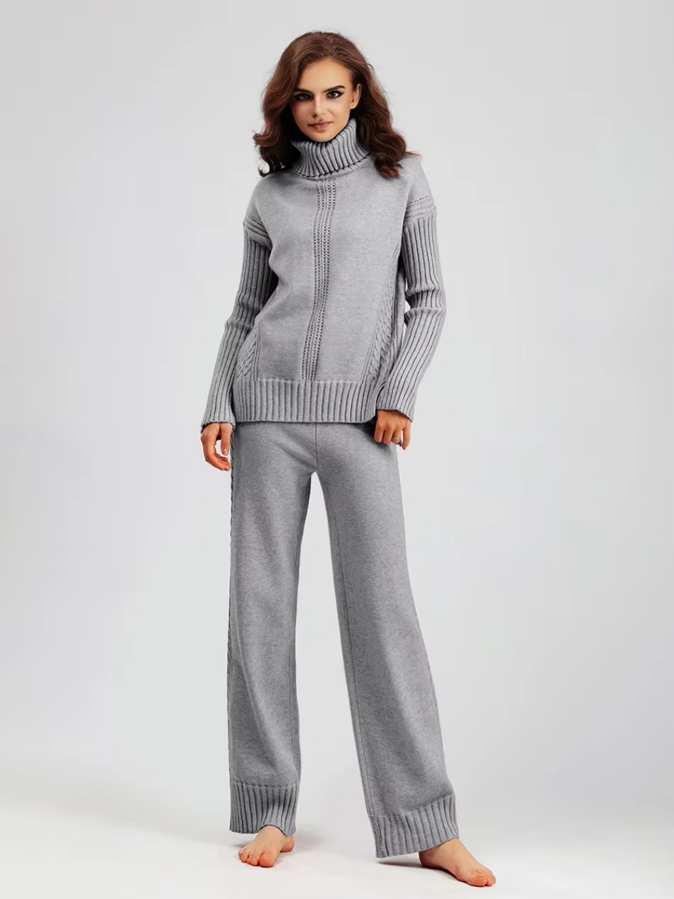 Frieda™ - Stylish set of high-neck sweater and knit sweater with wide leg pants