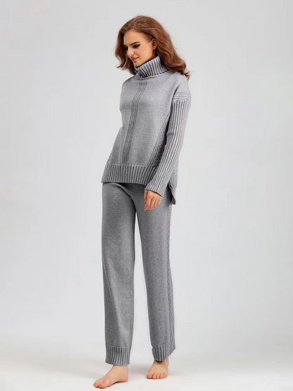 Frieda™ - Stylish set of high-neck sweater and knit sweater with wide leg pants