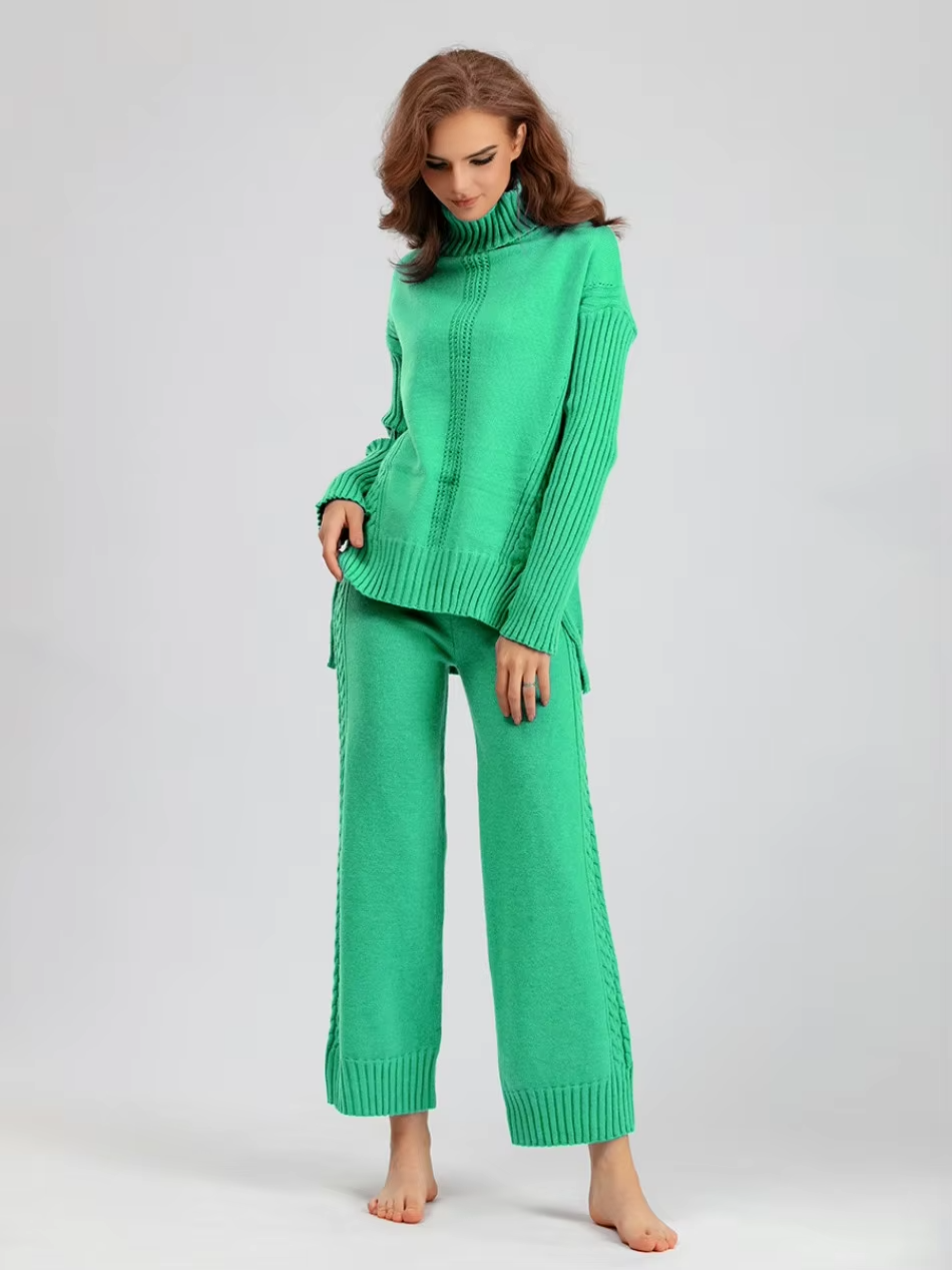 Frieda™ - Stylish set of high-neck sweater and knit sweater with wide leg pants