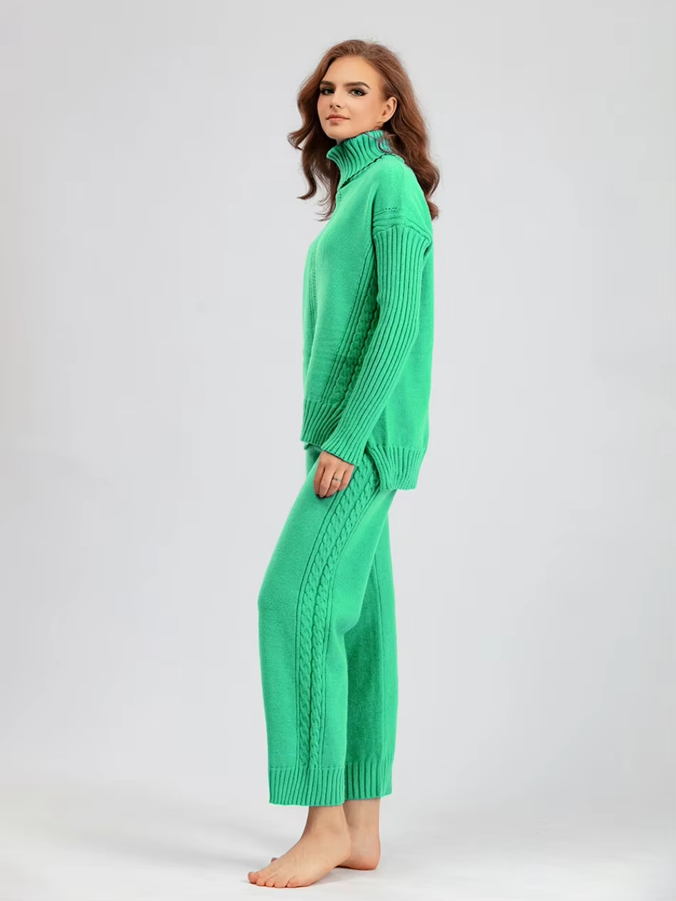 Frieda™ - Stylish set of high-neck sweater and knit sweater with wide leg pants