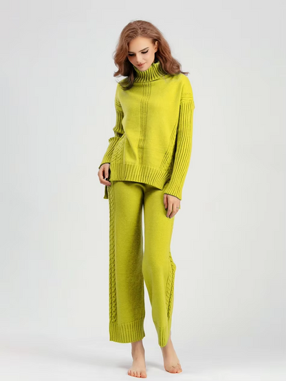 Frieda™ - Stylish set of high-neck sweater and knit sweater with wide leg pants