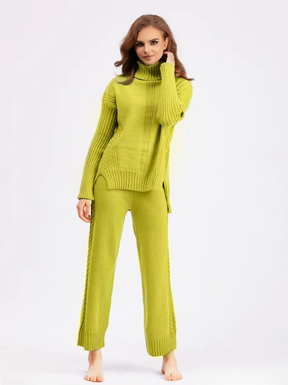 Frieda™ - Stylish set of high-neck sweater and knit sweater with wide leg pants