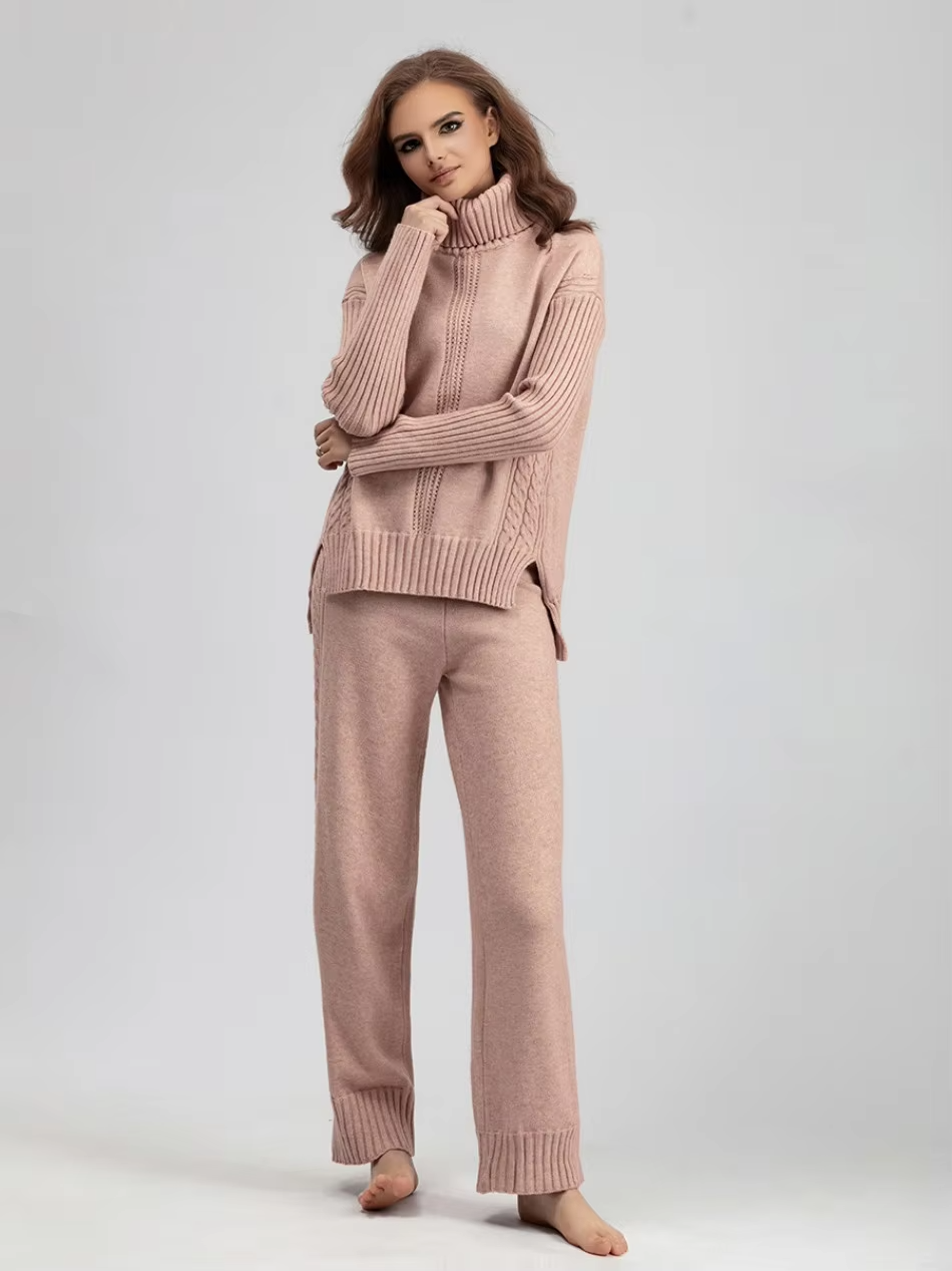 Frieda™ - Stylish set of high-neck sweater and knit sweater with wide leg pants