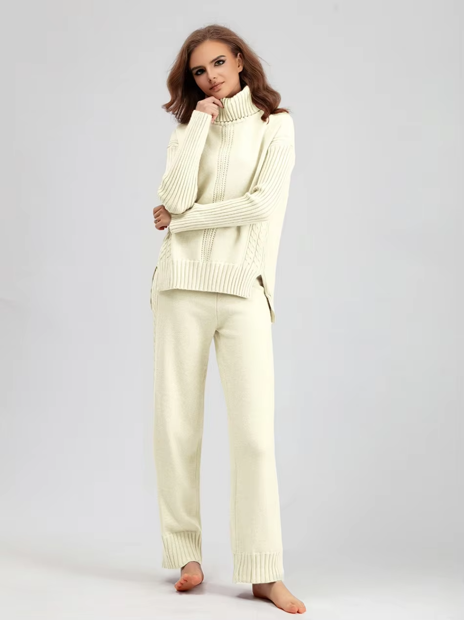 Frieda™ - Stylish set of high-neck sweater and knit sweater with wide leg pants