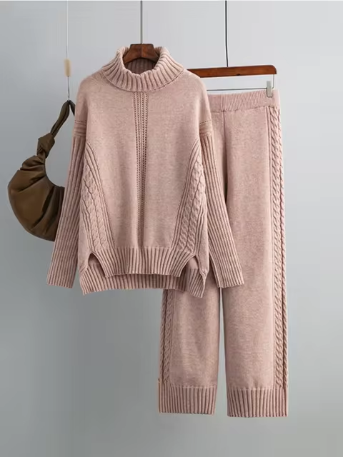 Frieda™ - Stylish set of high-neck sweater and knit sweater with wide leg pants