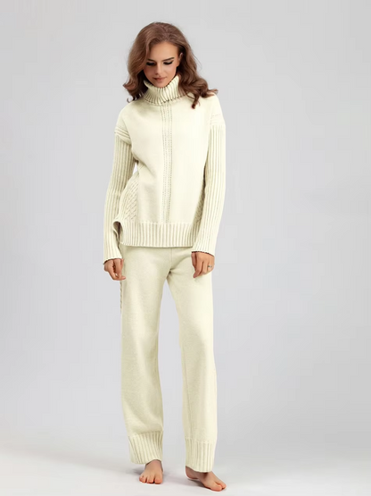 Frieda™ - Stylish set of high-neck sweater and knit sweater with wide leg pants