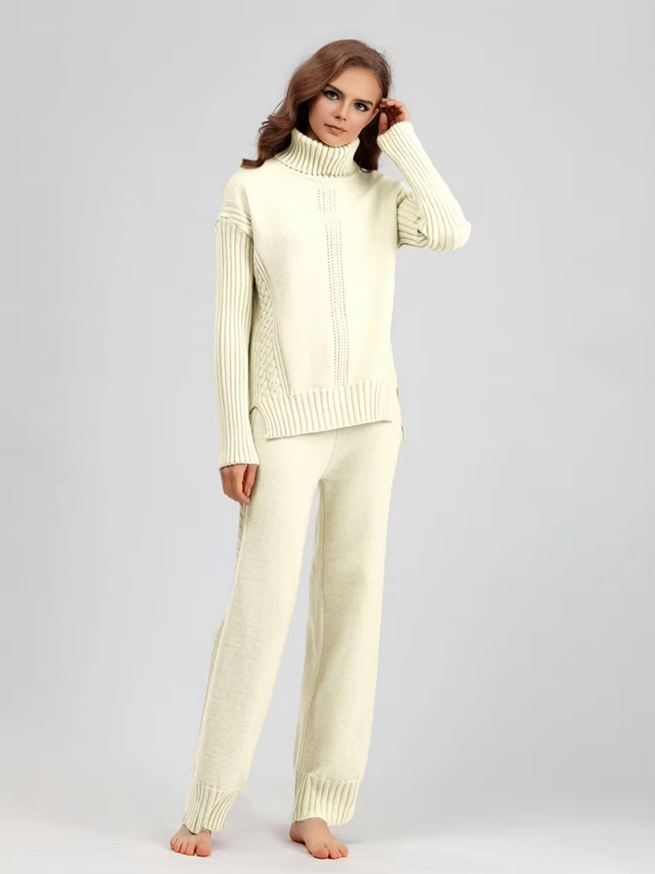 Frieda™ - Stylish set of high-neck sweater and knit sweater with wide leg pants