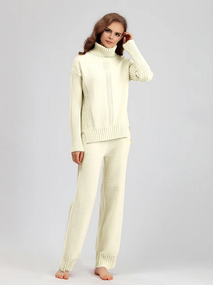 Frieda™ - Stylish set of high-neck sweater and knit sweater with wide leg pants