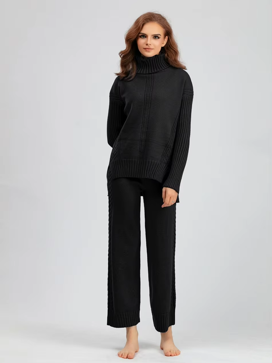 Frieda™ - Stylish set of high-neck sweater and knit sweater with wide leg pants