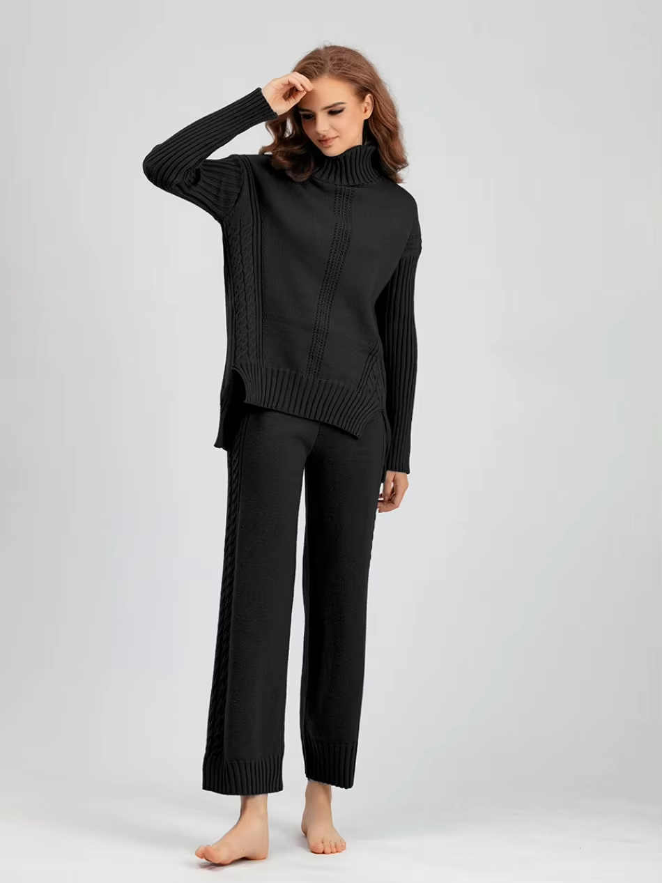 Frieda™ - Stylish set of high-neck sweater and knit sweater with wide leg pants