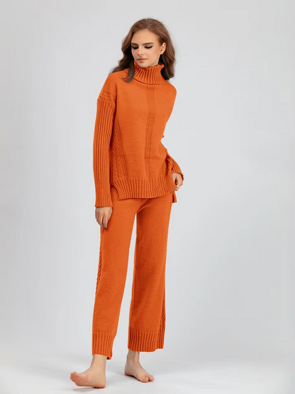 Frieda™ - Stylish set of high-neck sweater and knit sweater with wide leg pants