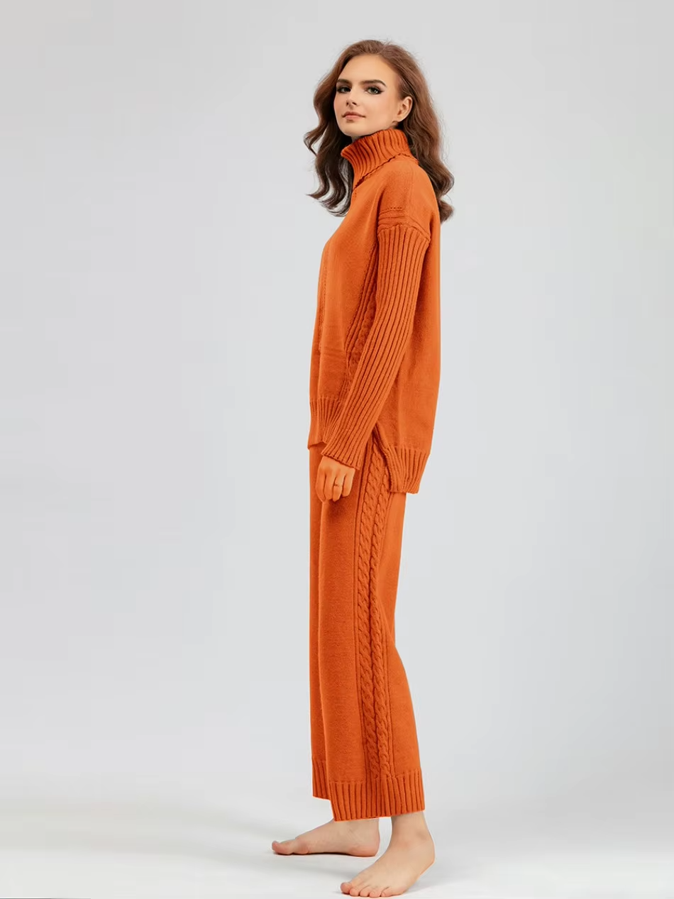 Frieda™ - Stylish set of high-neck sweater and knit sweater with wide leg pants