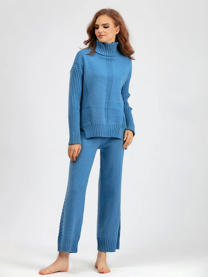 Frieda™ - Stylish set of high-neck sweater and knit sweater with wide leg pants