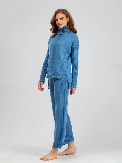 Frieda™ - Stylish set of high-neck sweater and knit sweater with wide leg pants