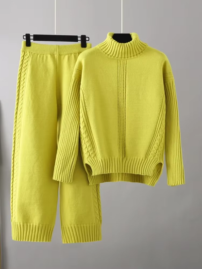 Frieda™ - Stylish set of high-neck sweater and knit sweater with wide leg pants