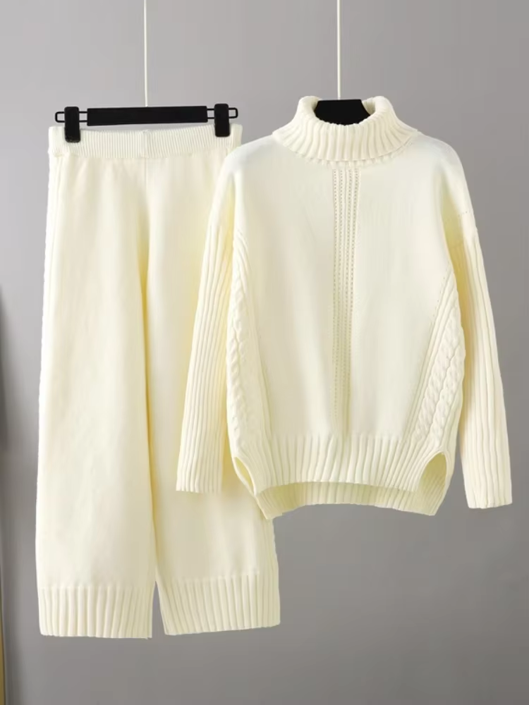 Frieda™ - Stylish set of high-neck sweater and knit sweater with wide leg pants