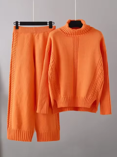 Frieda™ - Stylish set of high-neck sweater and knit sweater with wide leg pants