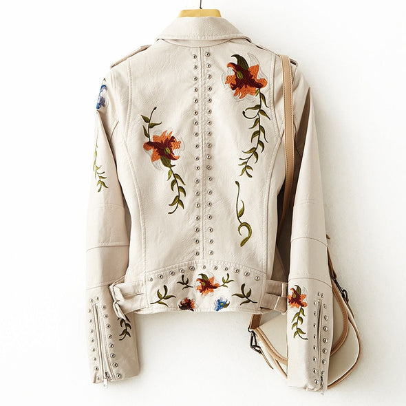 EMILIA-CALOU LEATHER JACKET WITH RETRO FLORAL EMBROIDERY